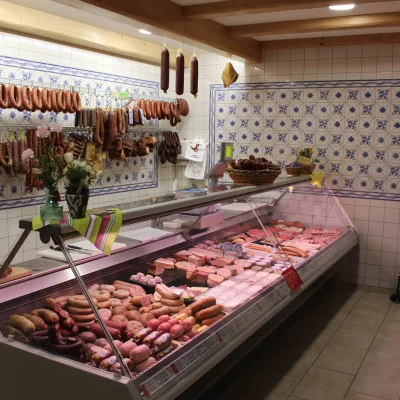 a meat display case in a store